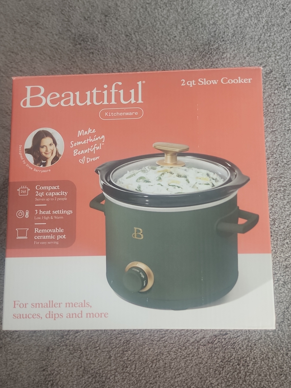 2 qt Thyme Green Colored Slow Cooker with Gold Accents